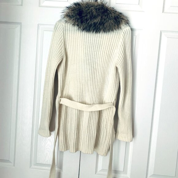 Designer Ribbed Knit Cardigan w/ Detachable Faux Fur Collar & Belt Sz L - Picture 10 of 12